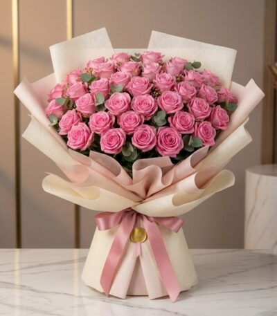 Ramo de 44 rosas rosadas Viviana con empaque coreano, sobre superficie de mármol, ideal para expresar sentimientos en florist