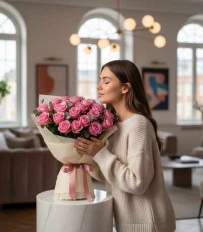 Mujer joven y elegante con suéter beige admira y huele un ramo grande de 44 rosas rosadas Viviana, envuelto en papel crema co