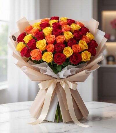 Impresionante ramo SYLVANA con 60 rosas rojas, naranjas y amarillas vibrantes, envuelto en papel coreano beige y atado con un