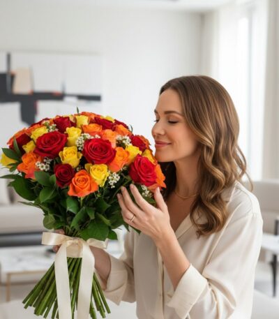Mujer elegante y natural admirando el Ramo SYLVANA, compuesto por 60 rosas rojas, naranjas y amarillas, en un hogar de alto d