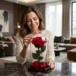 Mujer elegante admirando una rosa preservada roja dentro de una cúpula de cristal, con pétalos caídos y un lazo de terciopelo