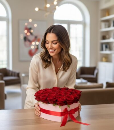 Mujer elegante admirando un arreglo floral de 24 rosas rojas premium en una caja rosa con forma de corazón y lazo rojo, en un