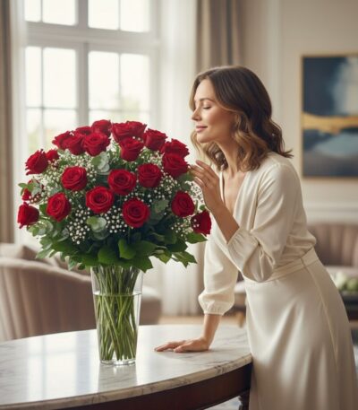 Mujer elegante admirando un jarrón de 80 rosas rojas frescas en un lujoso salón, con luz natural y fondo desenfocado.