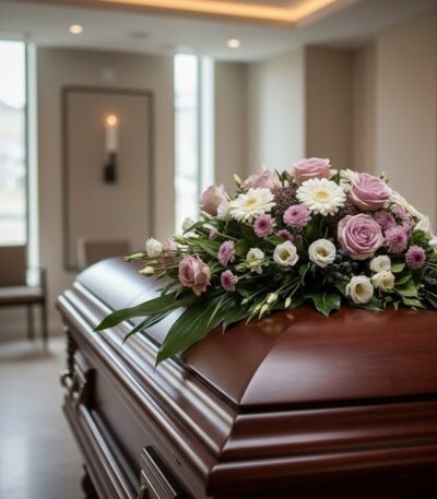Arreglo floral Sereno Cubre Caja Fúnebre "Jardín de Ines" con rosas, margaritas y follaje sobre un ataúd de madera en una sal
