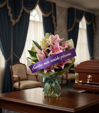Solemne bouquet fúnebre de lirios rosas con cinta morada 'Nuestro más sentido pésame' en sala de velación premium junto a ata