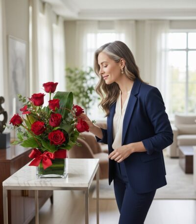 Mujer elegante admirando un Solitario Floral ROSETTA con seis rosas rojas, follaje verde y moño rojo, en un interior de lujo.