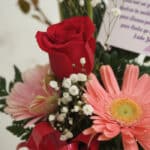 Primer plano extremo de un arreglo floral 'Solitario Pienso en Ti' con una rosa roja, gerberas rosadas y flores de gypsophila