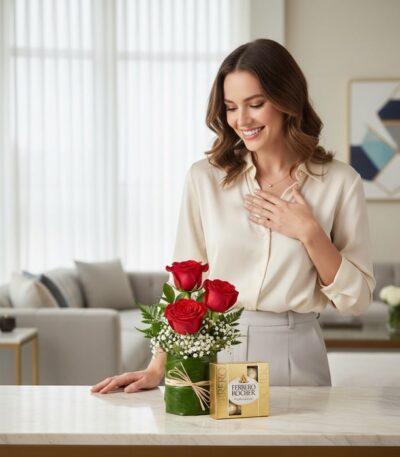 Mujer joven sonriendo y admirando un solitario de tres rosas rojas en base de cristal con follaje, junto a una caja de bombon