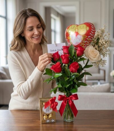 Mujer sonriente admirando un arreglo floral Solitario con Rosas Me Enamoras, con rosas rojas, una rosa blanca, follaje, un gl