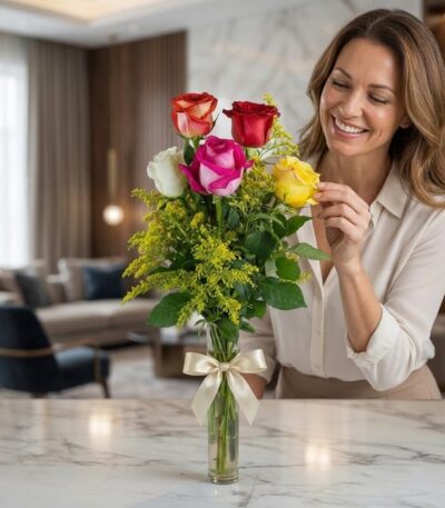 Mujer elegante sonriendo y admirando un solitario de rosas multicolor (roja, blanca, rosa, amarilla y naranja) en un jarrón c