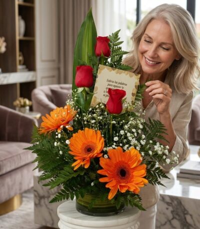Mujer elegante de cabello plateado admira con deleite un arreglo floral Solitario Tu Recuerdo con rosas rojas y gerberas nara